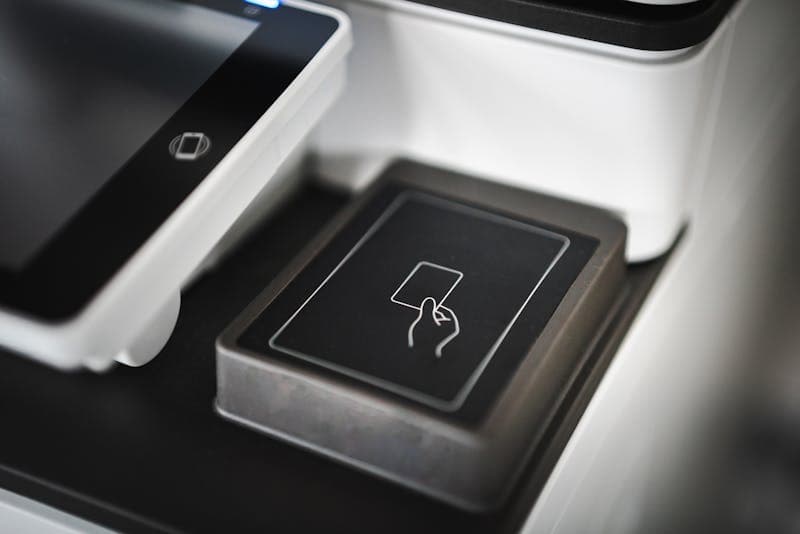 Contactless payment terminal — representative of countertop debit terminal category